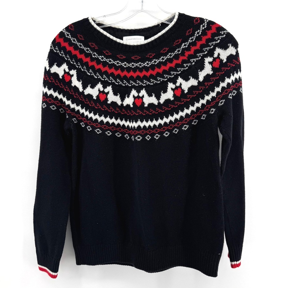 Charter Club Fair Isle Sweater Womens PM Black Scottie Dog Heart Knit Holiday